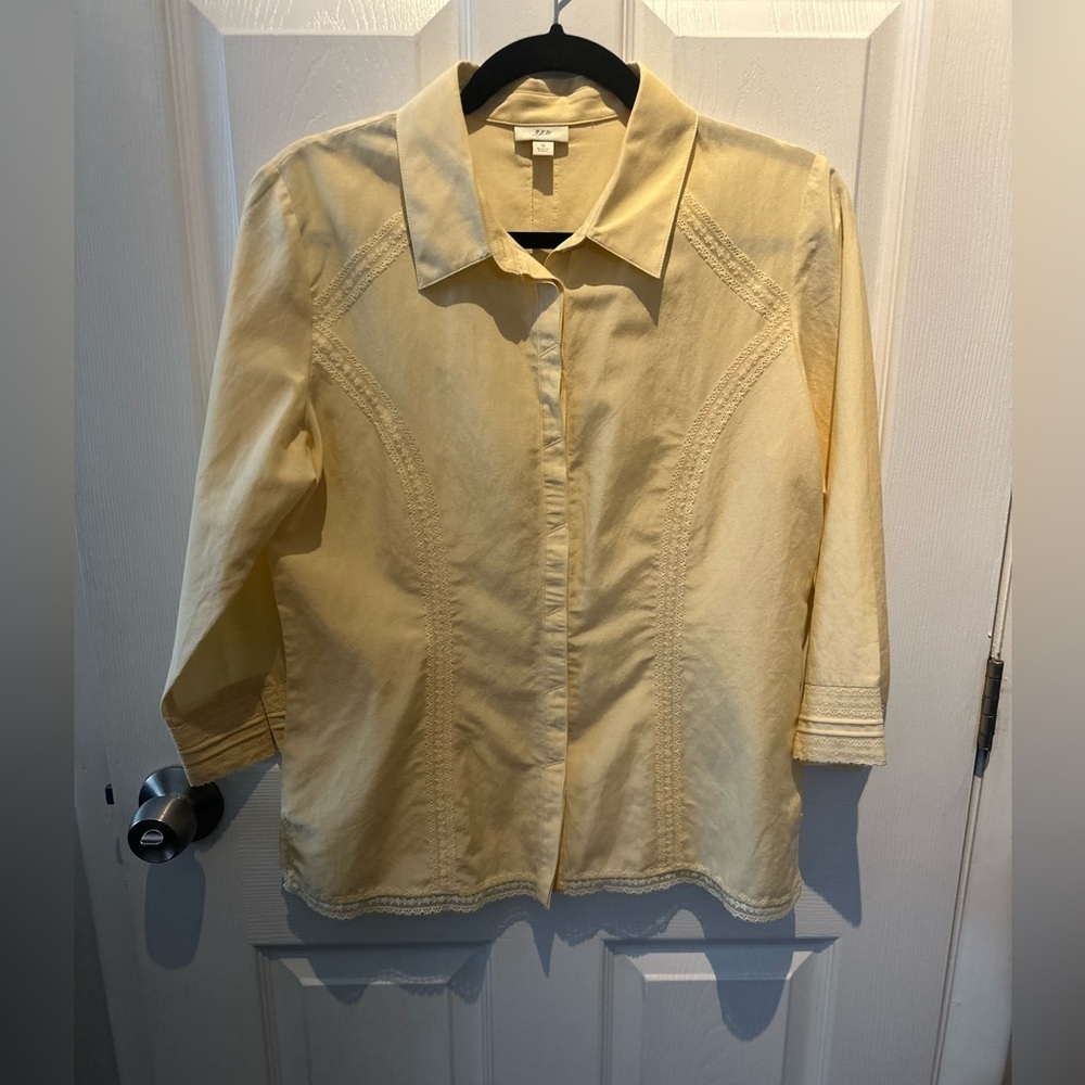 J Jill Butter Yellow Silk Cotton 3/4 Sleeve Boho Lace Top Blouse Women’s Small